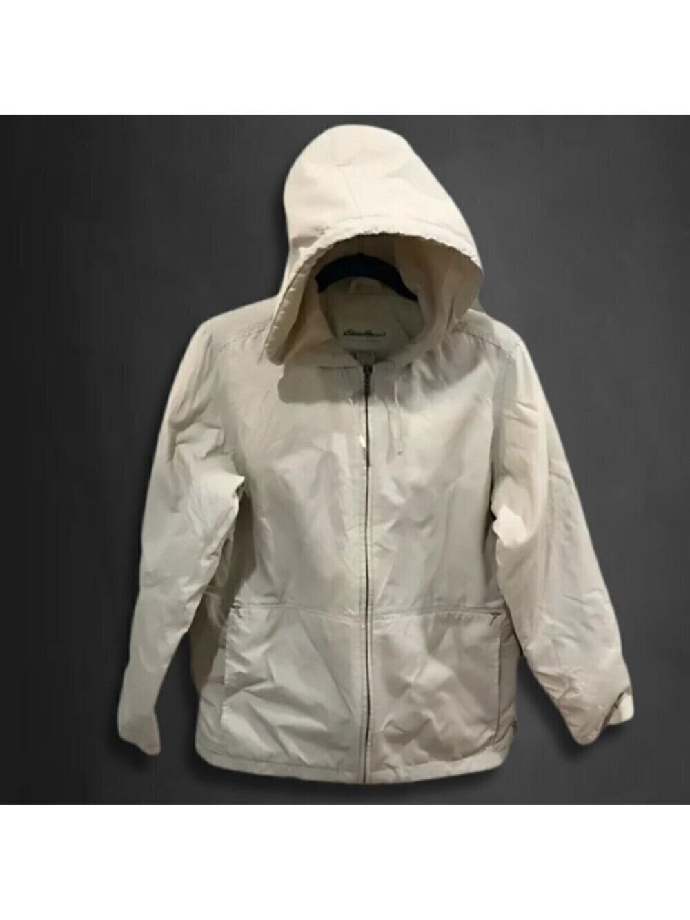 Eddie Bauer Insulated Hooded Jacket Nylon Lightweight Full Zip Drawstrings Cream